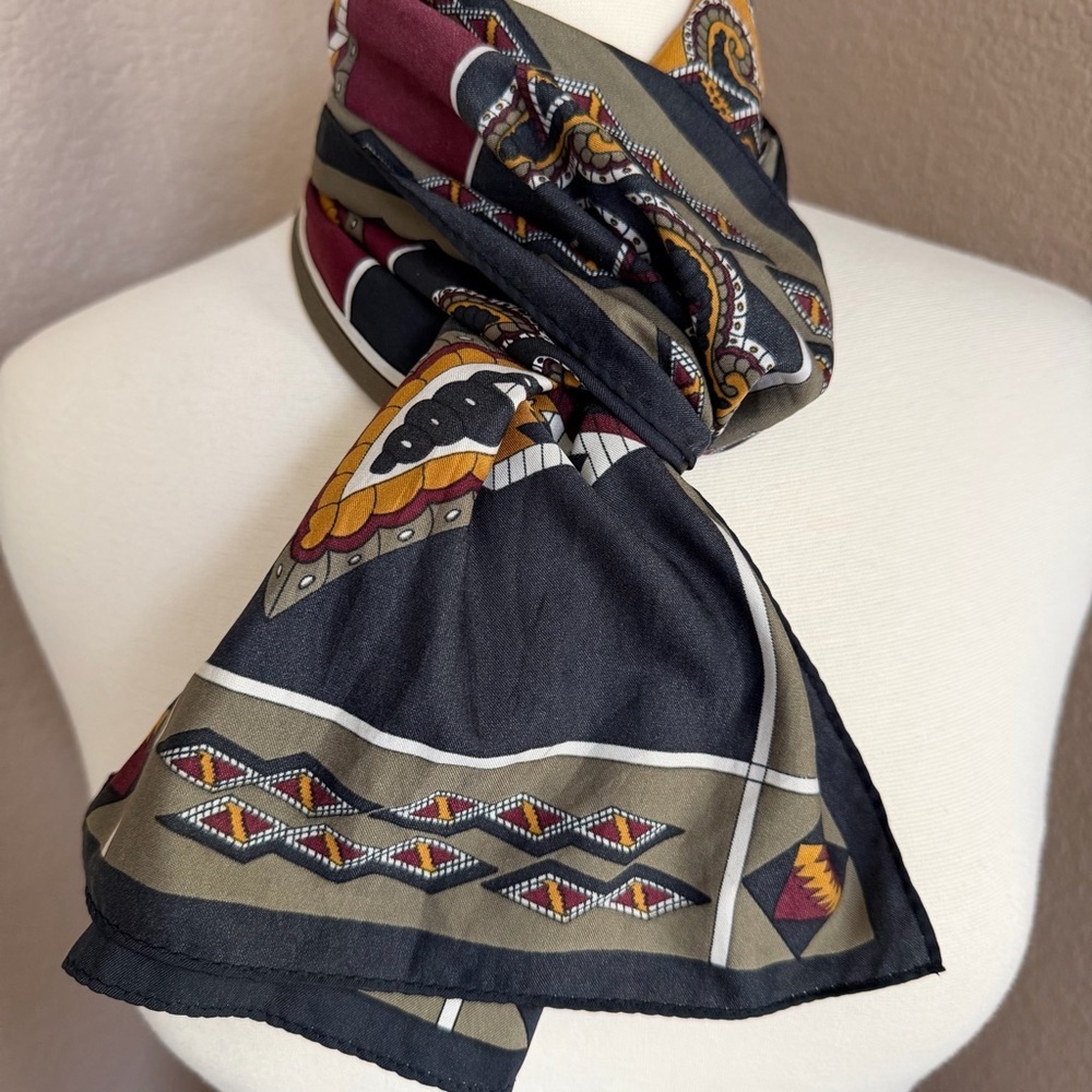 Vintage Japanese Scarf 10.5x52 Paisley Geometric Burgundy